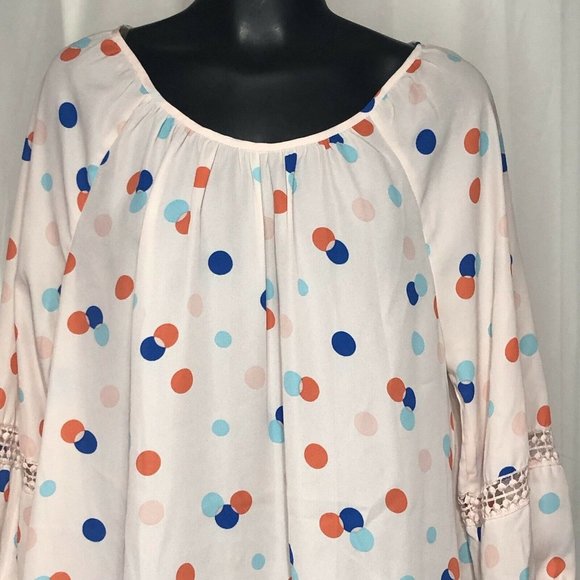 Copper Key Top Womens Sz M Pink Polka Dot Hi-Lo Lace Trim 3/4 Sleeve Blouse - Picture 8 of 12